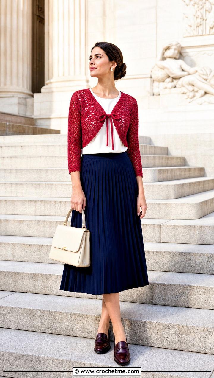 Crochet Bolero Front Tie Cardigan With a Pleated Midi Skirt - 15 crochet front tie cardigan outfit ideas
