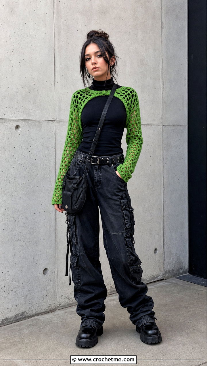 Crochet Bolero Goth Cardigan With Cargo Pants - 15 goth crochet cardigan outfit ideas