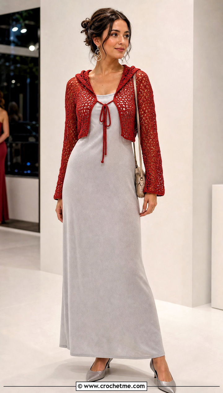 Crochet Bolero Hooded Cardigan With Maxi Dress - 35 hooded crochet cardigan outfit ideas