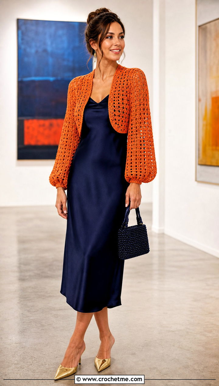 Crochet Bolero Satin Dress Holiday Outfit - 30 crochet holiday outfit ideas