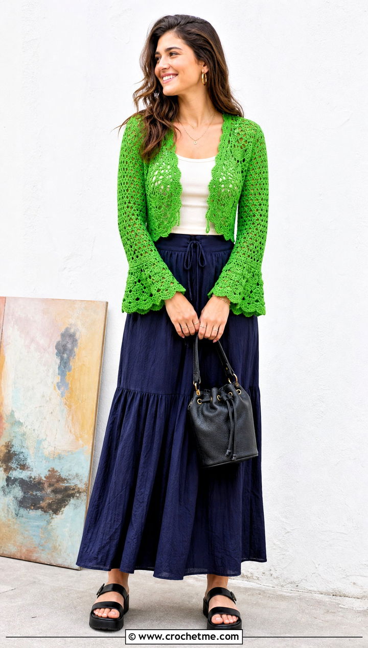Crochet Bolero Shrug With Tank Top And Maxi Skirt - 30 cute crochet summer clothes and outfit ideas