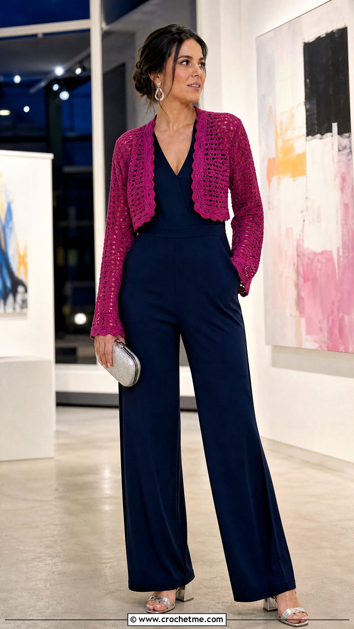 Crochet Bolero Sweater Over A Jumpsuit - 35 colorful crochet sweater outfit ideas