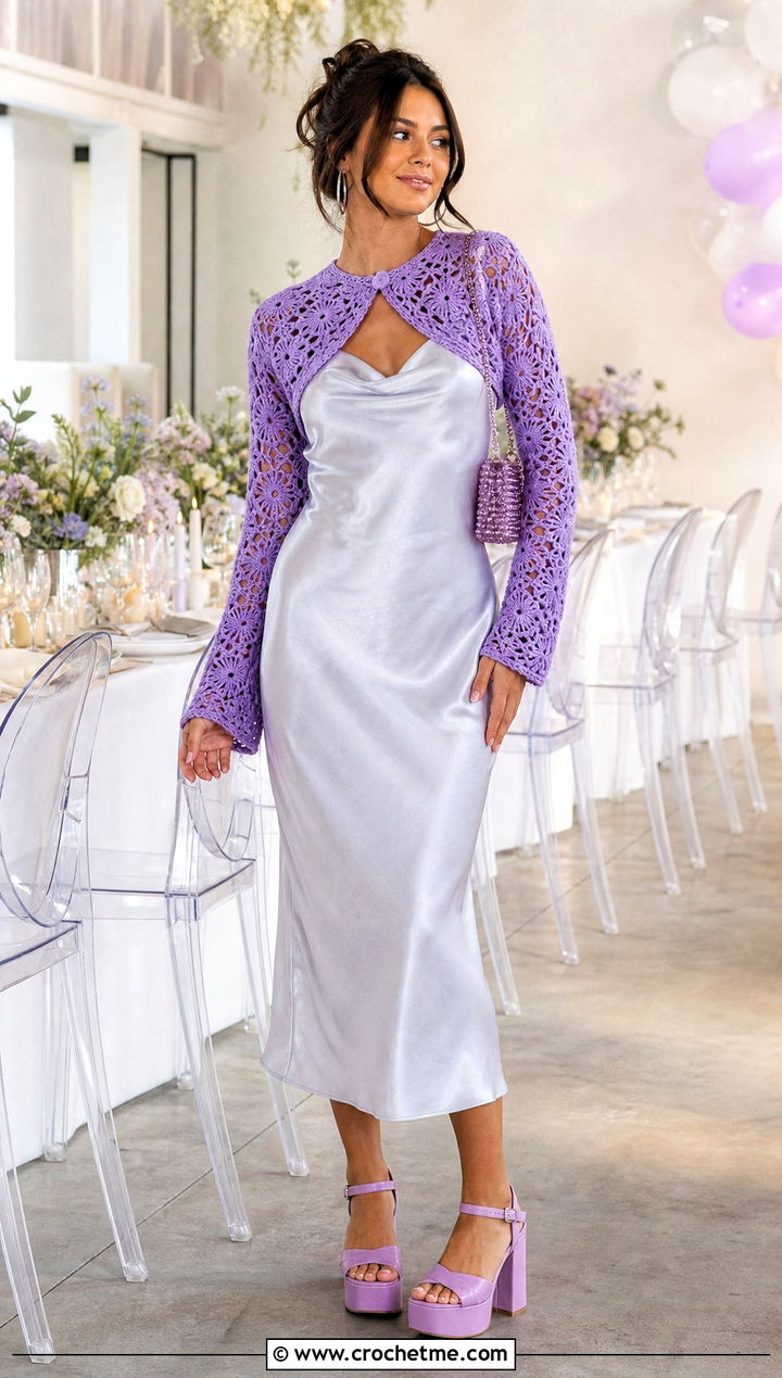 Crochet Bolero Sweater With Slip Dress - 25 y2k crochet sweater outfit ideas