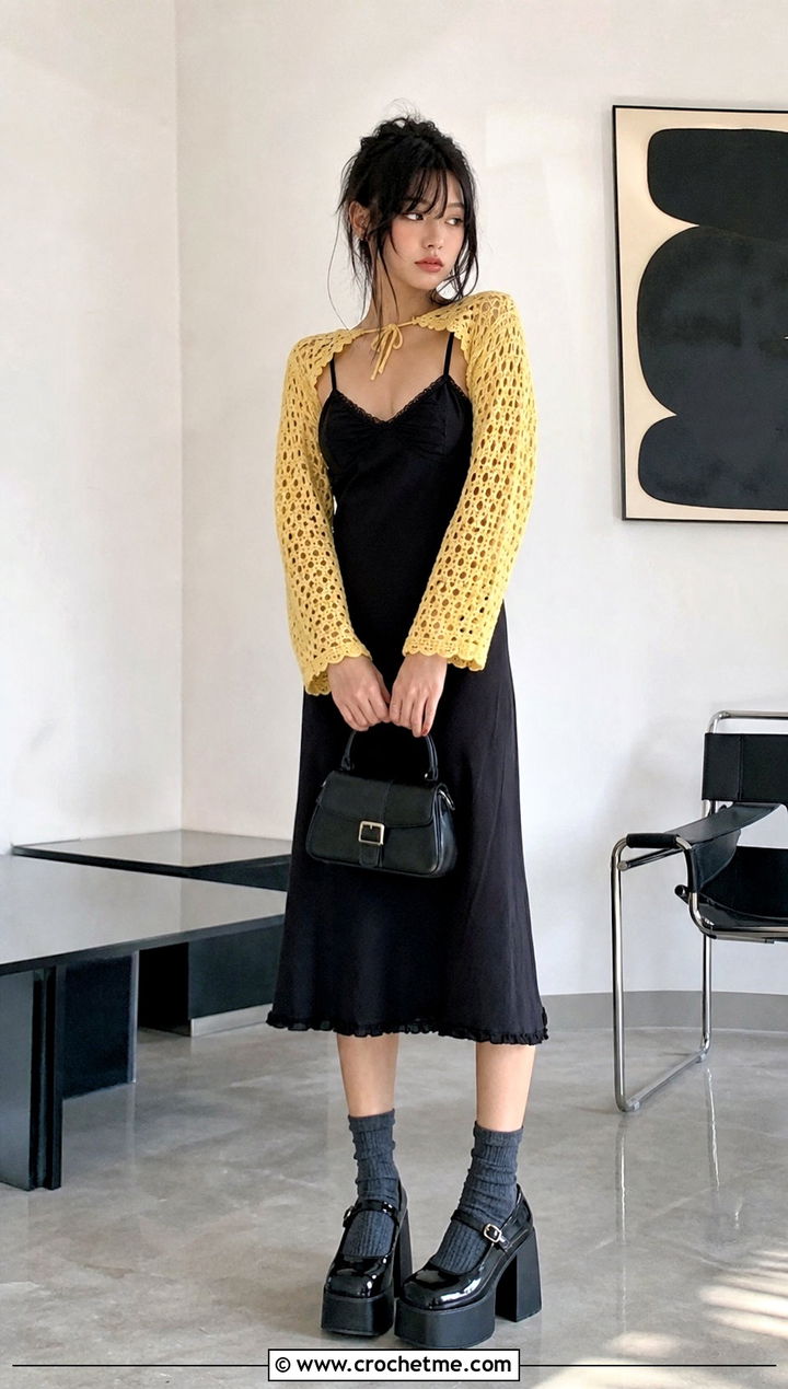 Crochet Bolero Top With A Slip Dress - 25 emo crochet top outfit ideas