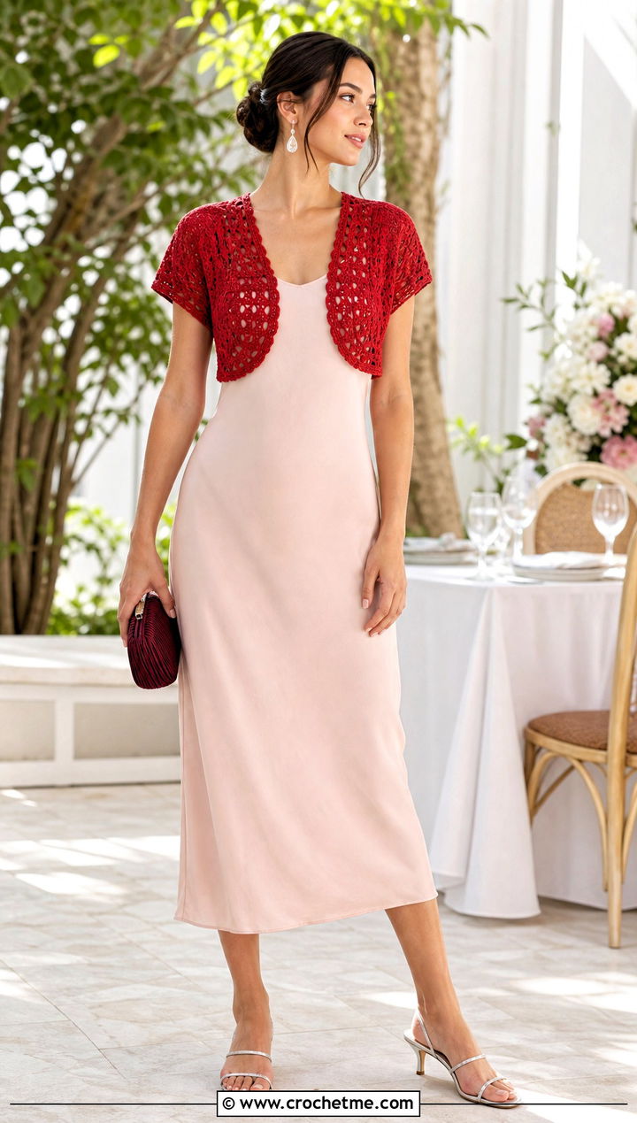 Crochet Bolero Top With A Slip Dress - 35 aesthetic crochet summer tops outfit ideas