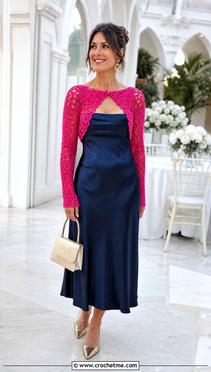 Crochet Bolero Top With Satin Midi Dress - 25 Dresses With Crochet Top outfit ideas