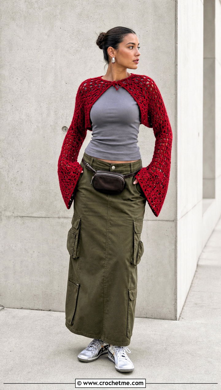 Crochet Bolero With Cargo Maxi Skirt - 25 Diy Crochet Outfits ideas