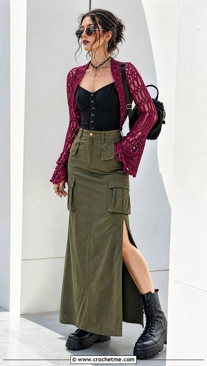 Crochet Bolero With Corset Top And Cargo Skirt - 25 crochet festival clothes and outfit ideas