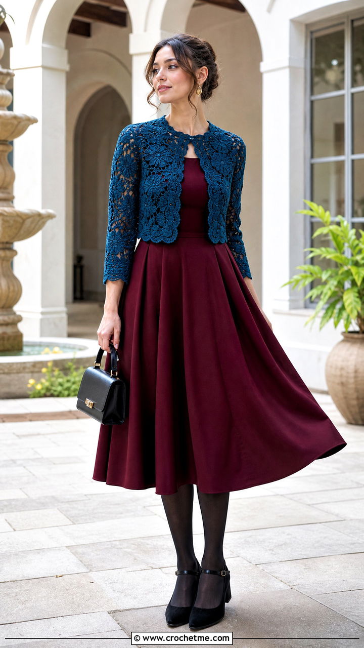 Crochet Bolero With Fit And Flare Dress - 35 crochet fall clothes and outfit ideas