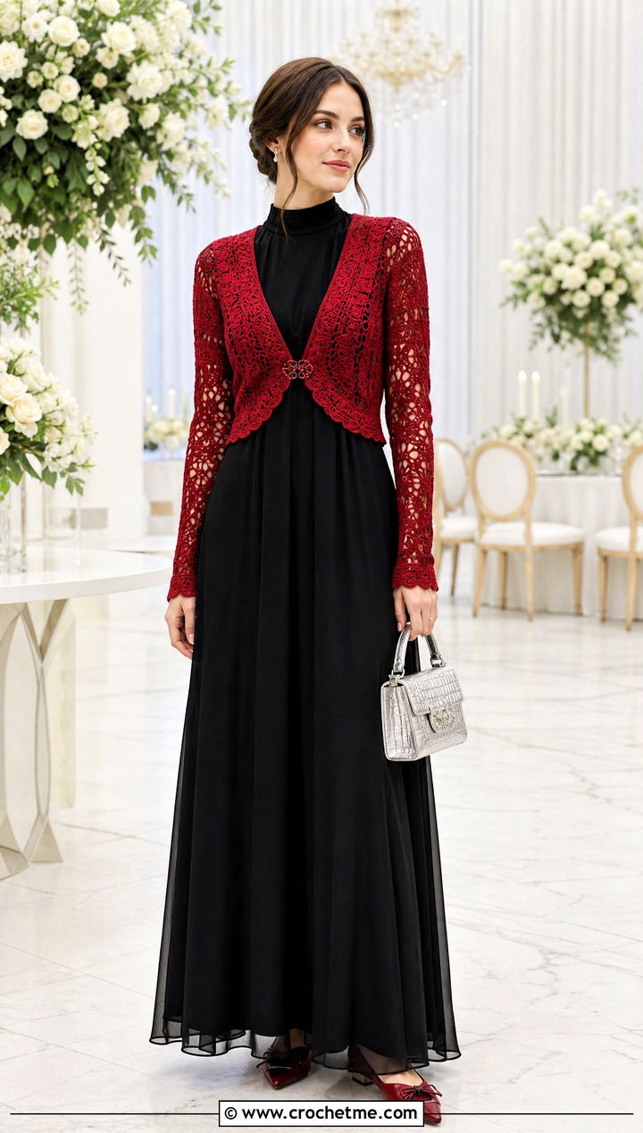 Crochet Bolero With High Neck Maxi Dress - 35 Modest Crochet Outfit Ideas