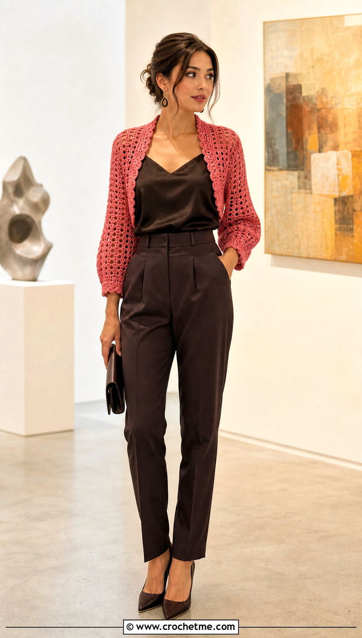 Crochet Bolero With Satin Camisole And Trousers - 30 Fall Crochet Clothes Ideas