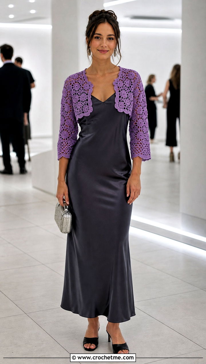 Crochet Bolero With Satin Slip Dress - 30 cute crochet clothing and outfit ideas