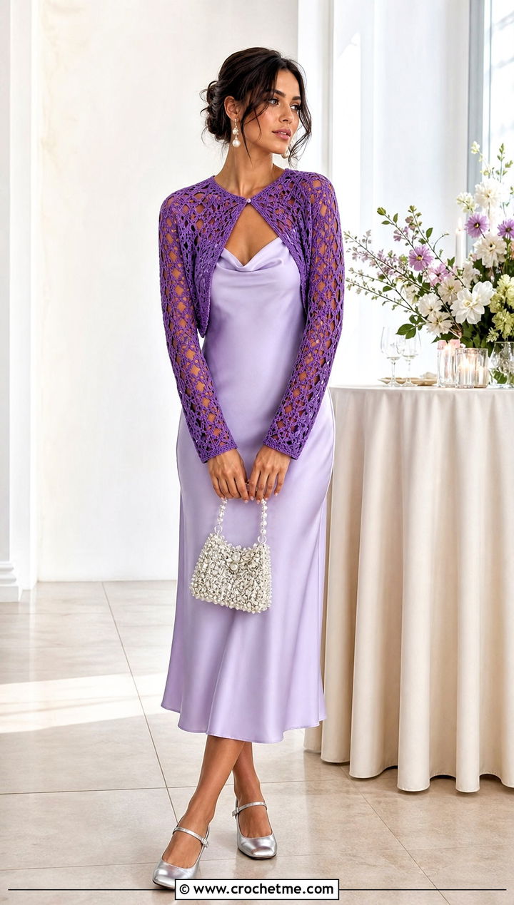 Crochet Bolero With Satin Slip Dress - 15 Barbie Inspired Crochet Outfits ideas