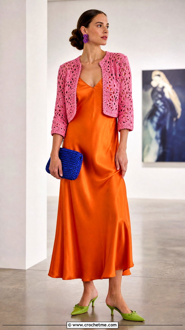 Crochet Bolero With Satin Slip Dress - 35 crochet clothing and accessories ideas