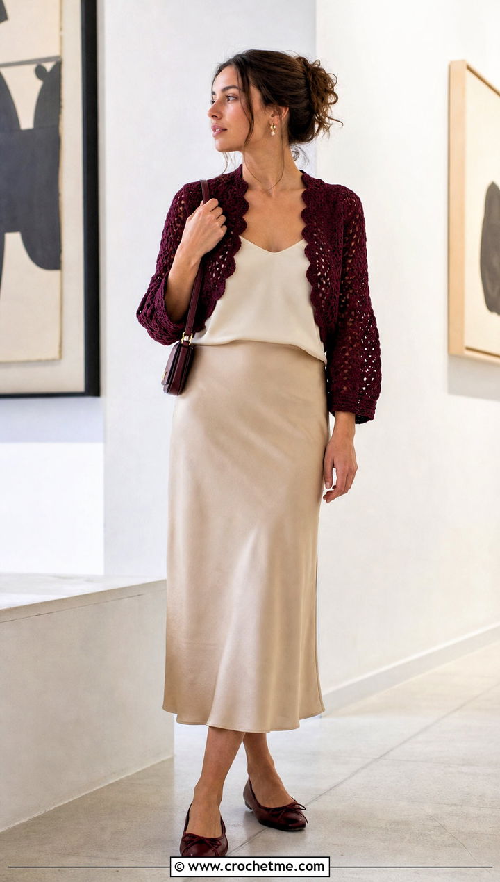 Crochet Bolero With Satin Slip Skirt - 35 old money crochet outfits ideas