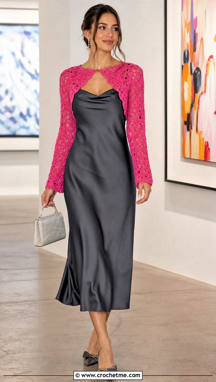Crochet Bolero With Slip Dress - 30 korean crochet outfits ideas