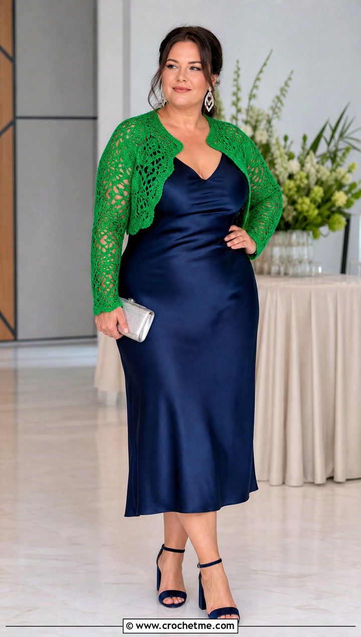Crochet Bolero With Slip Dress And Block Heels - 35 plus size crochet outfit ideas