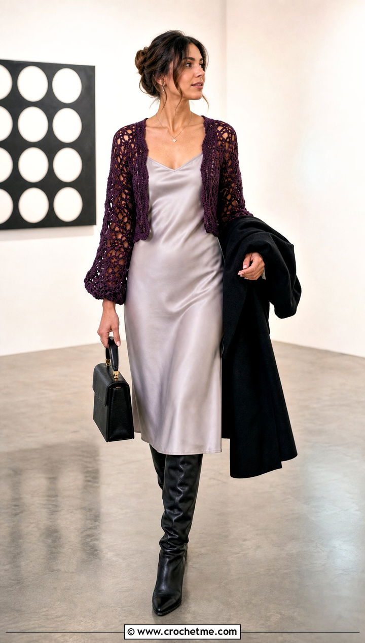 Crochet Bolero With Slip Dress And Boots - 30 crochet fall outfits ideas