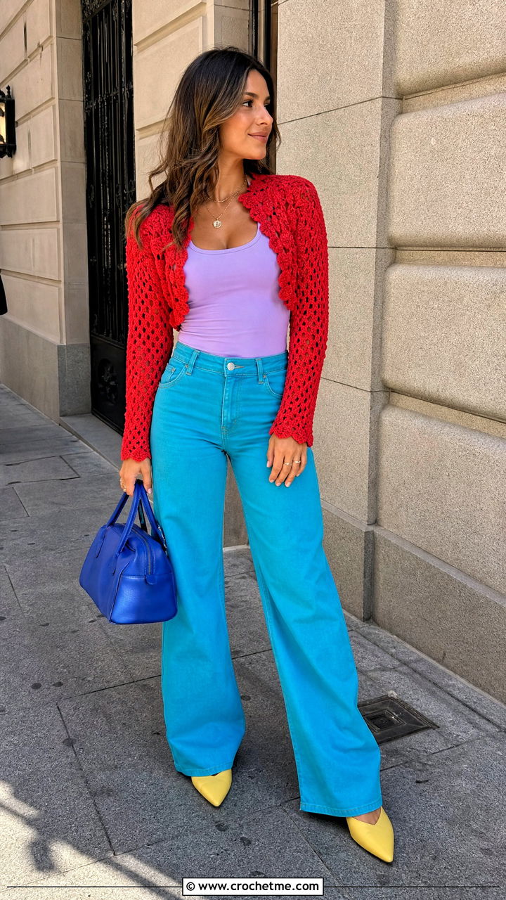 Crochet Bolero With Tank Top And Wide Leg Jeans - 35 crochet outfits ideas