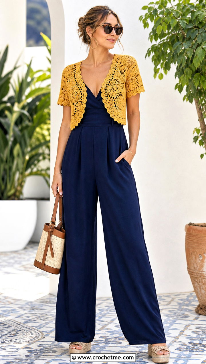 Crochet Bolero With Wide Leg Jumpsuit - 35 spring summer crochet clothes ideas