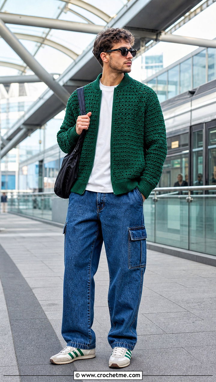 Crochet Bomber Cardigan With Cargo Jeans - 30 mens crochet cardigan sweater outfit ideas