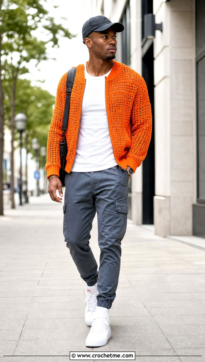Crochet Bomber Cardigan With Tapered Cargos - 35 mens crochet cardigan outfit ideas
