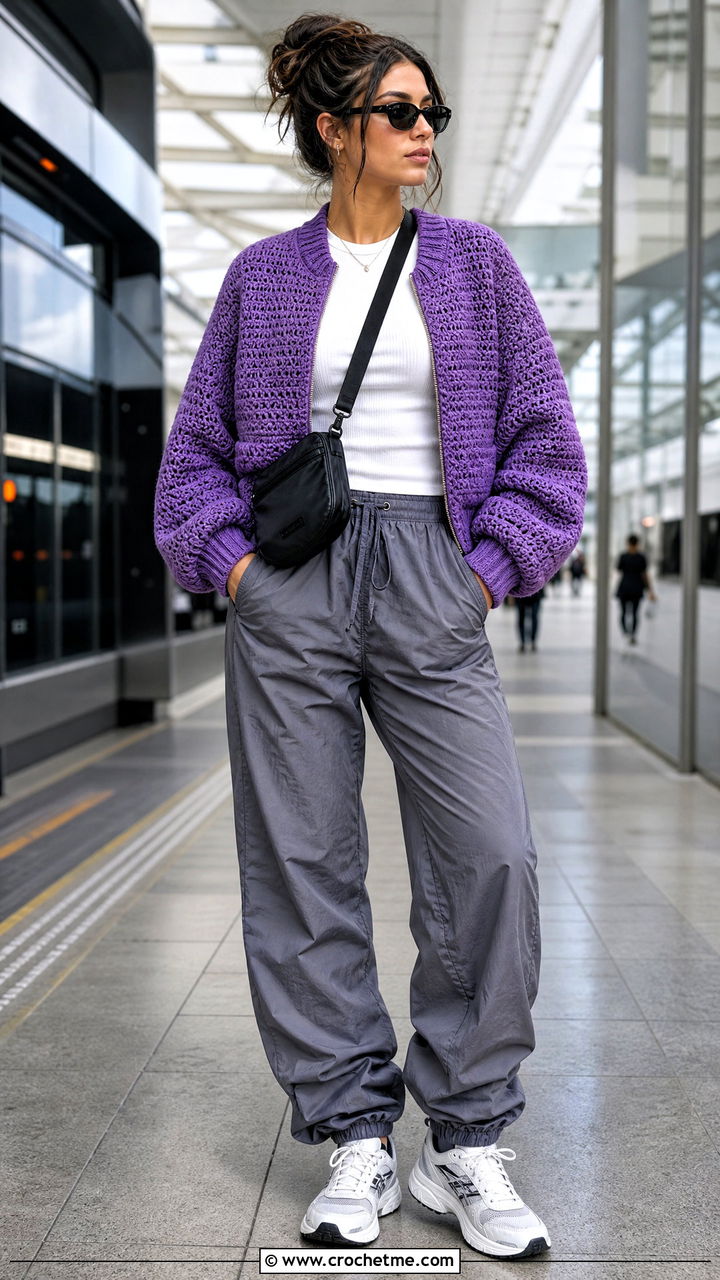Crochet Bomber Coat With Parachute Pants - 35 crochet coats outfit ideas
