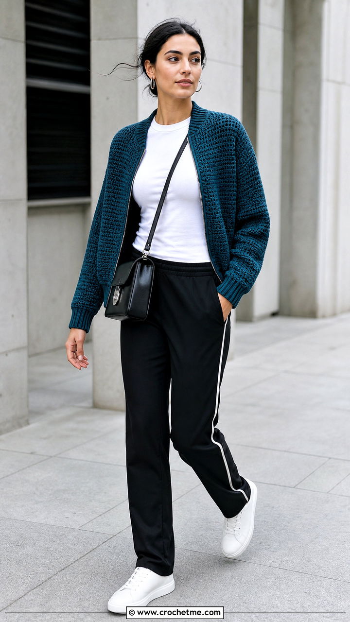 Crochet Bomber Fall Cardigan With Track Pants - 35 crochet fall cardigan outfit ideas