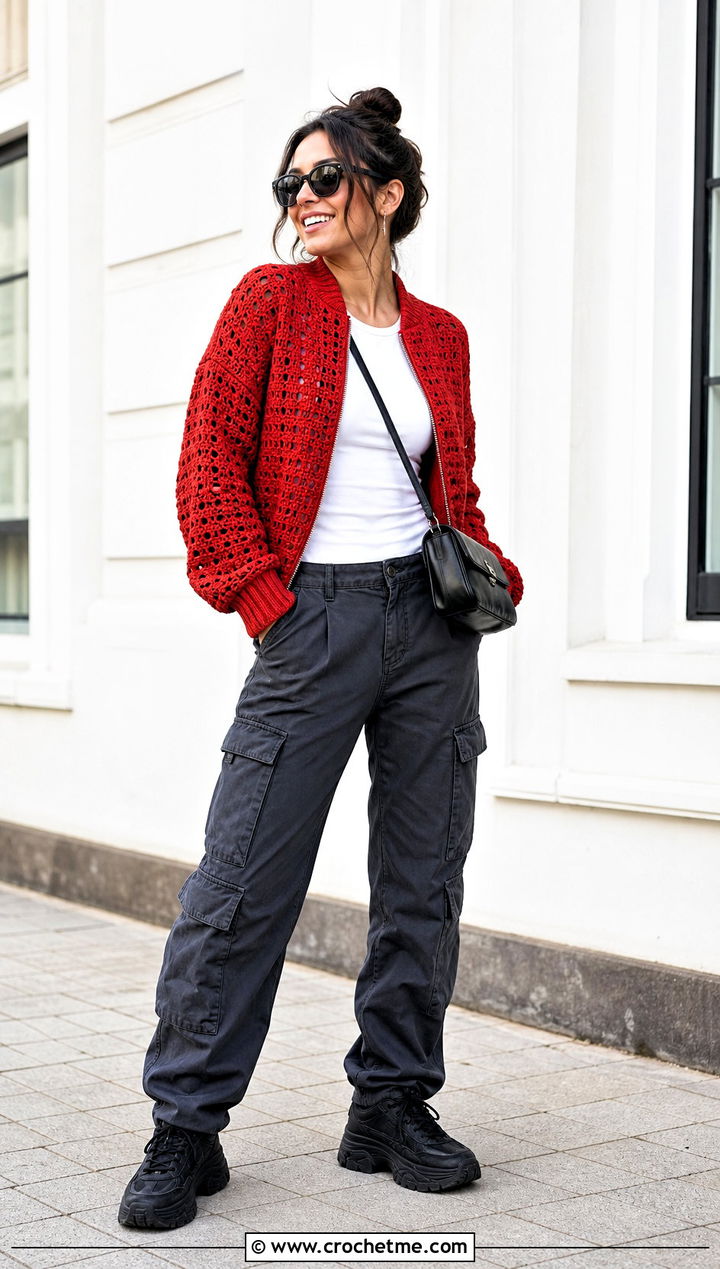 Crochet Bomber Jacket Streetwear Holiday Outfit - 30 crochet holiday outfit ideas