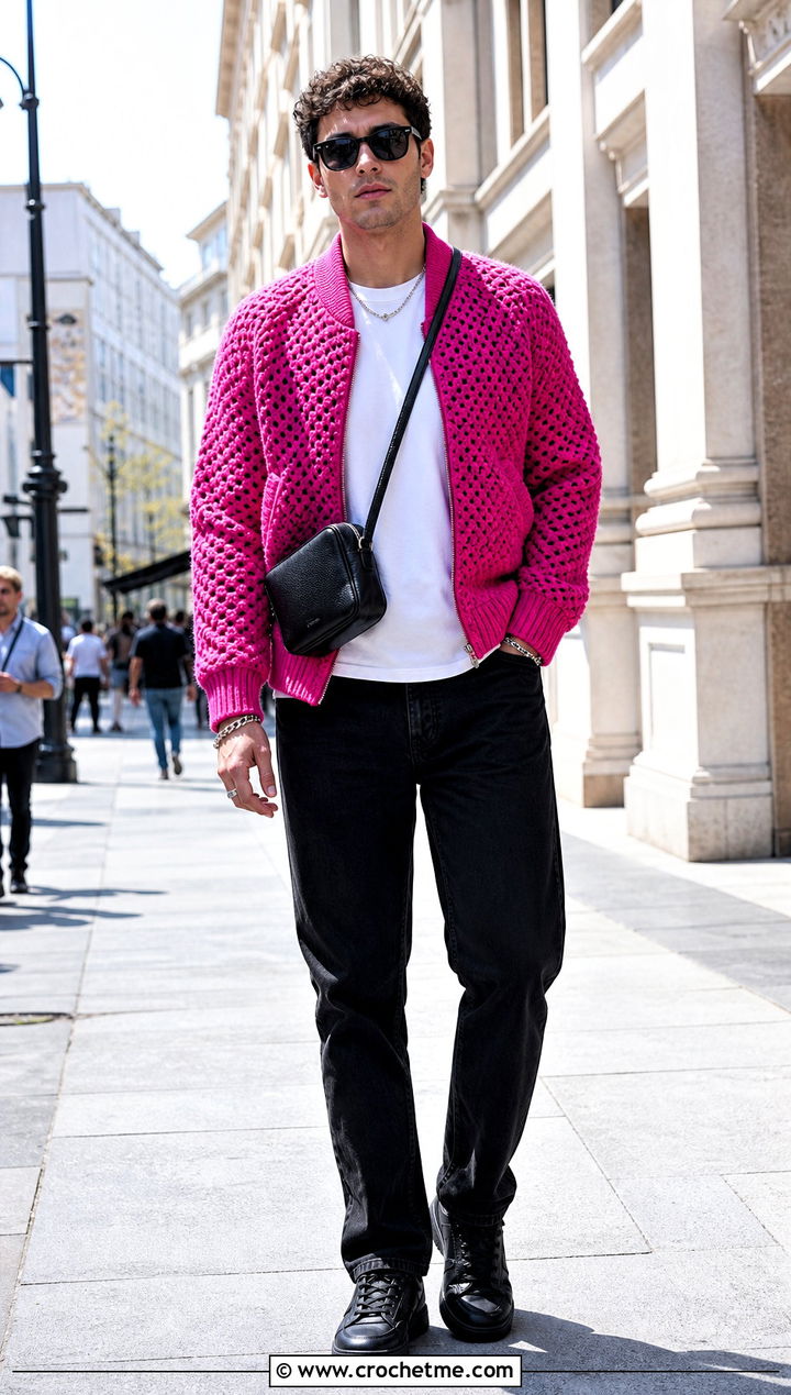 Crochet Bomber Jacket With Black Jeans - 35 crochet mens clothes and outfit ideas