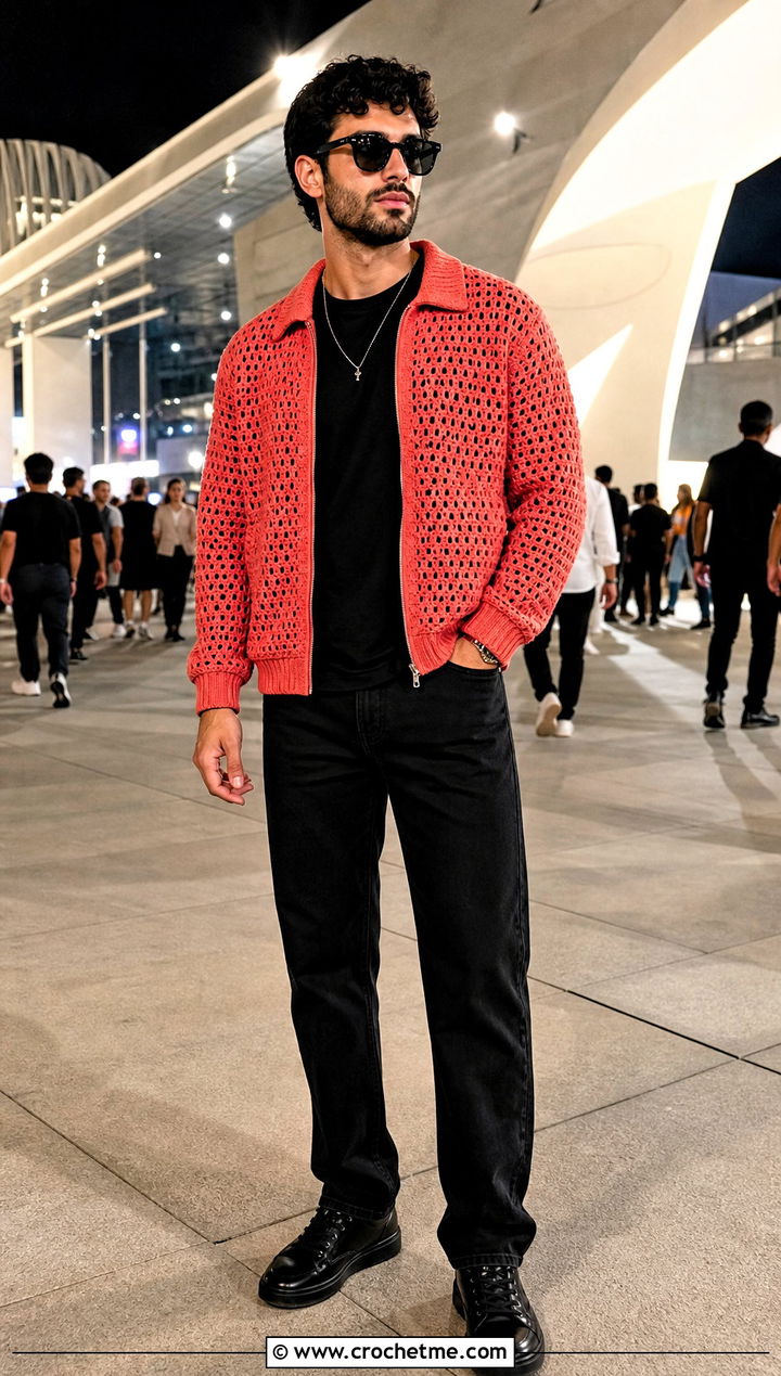 Crochet Bomber Jacket With Black Jeans - 25 Crochet Men Clothing and outfit ideas