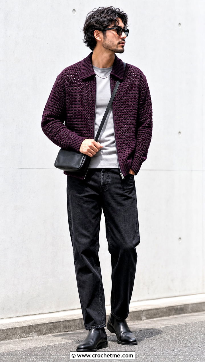 Crochet Bomber Jacket With Black Jeans - 15 men crochet clothes and outfit ideas