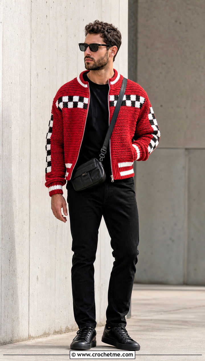 Crochet Bomber Jacket With Black Jeans - 30 Mens Crochet Outfit ideas