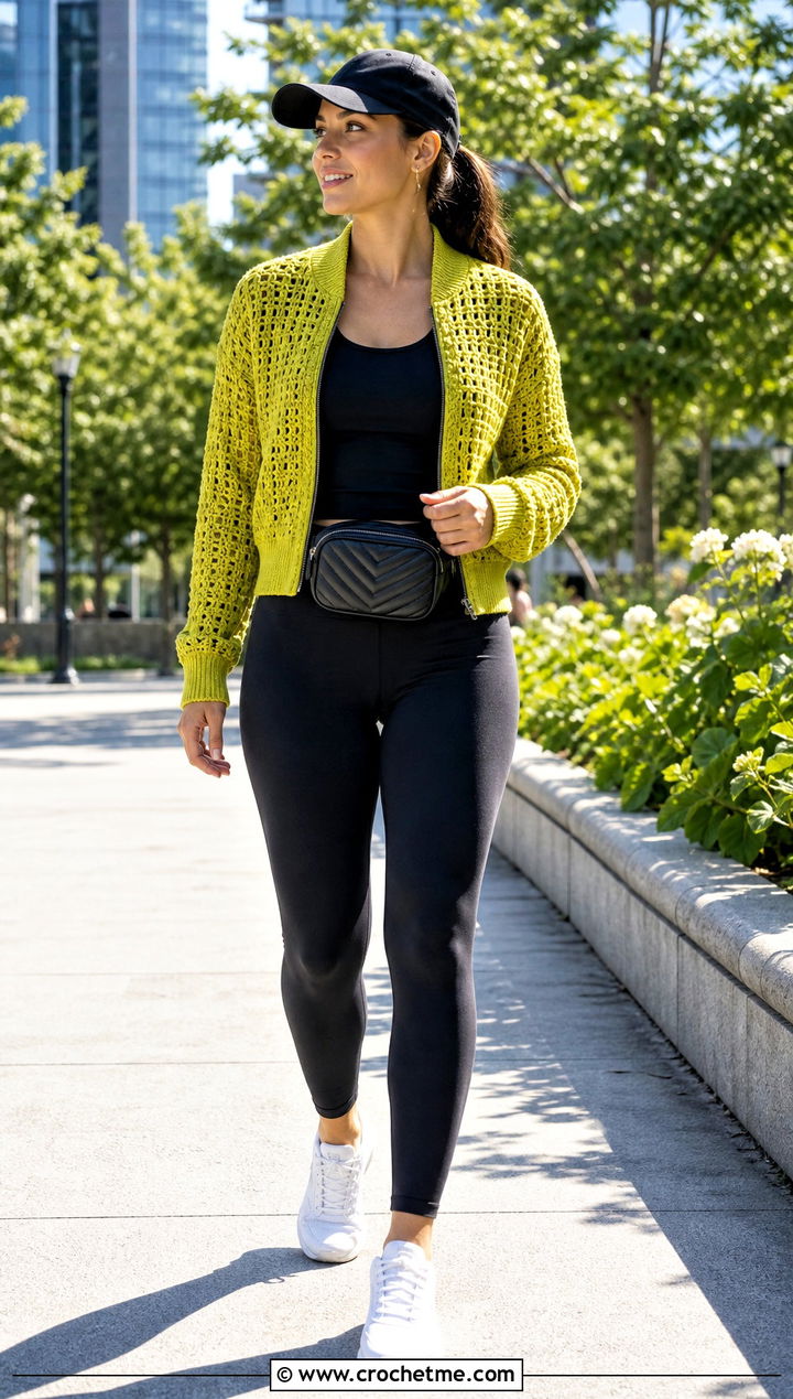 Crochet Bomber Jacket With Black Leggings - 15 crochet jacket for beginners outfit ideas