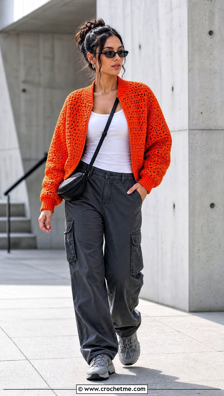 Crochet Bomber Jacket With Cargo Pants - 25 crochet womens clothes and outfit ideas