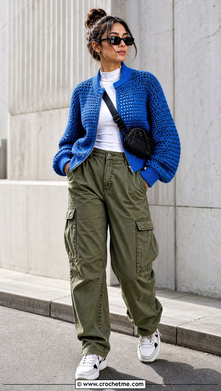 Crochet Bomber Jacket With Cargo Pants - 25 Winter Crochet Clothes and outfit ideas