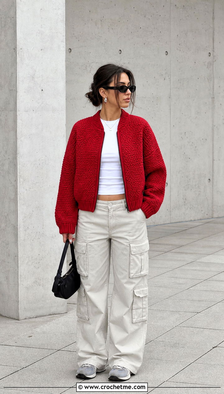 Crochet Bomber Jacket With Cargo Pants - 15 beginner crochet jacket ideas