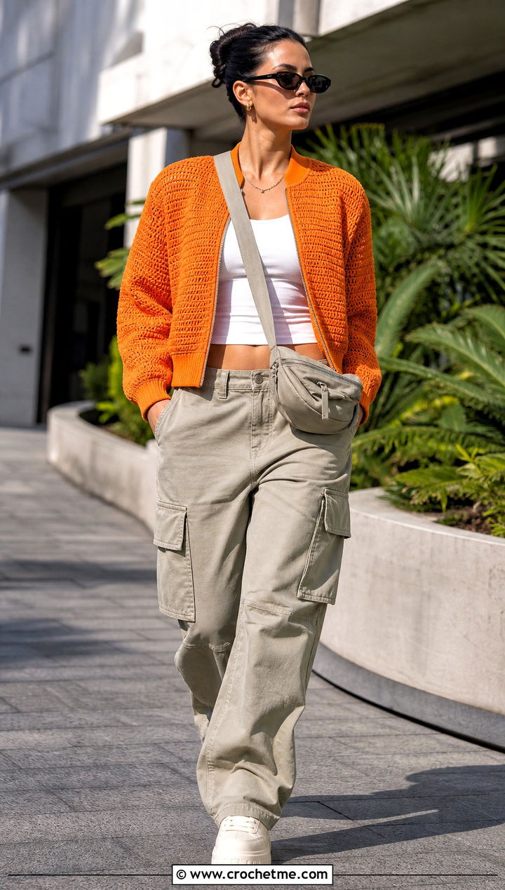 Crochet Bomber Jacket With Cargo Pants - 20 Crochet Ladies Jacket outfit ideas