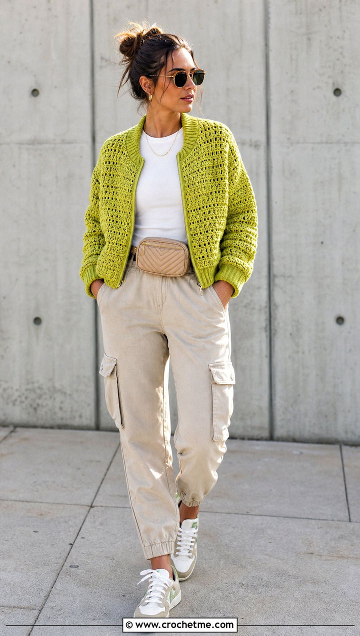 Crochet Bomber Jacket With Cargo Pants - 25 crochet clothes jacket outfit ideas