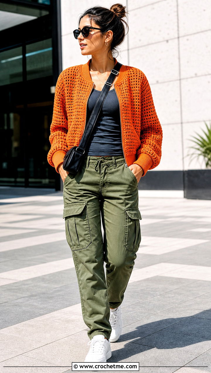 Crochet Bomber Jacket With Cargo Pants - 30 Spring Crochet Clothes Ideas