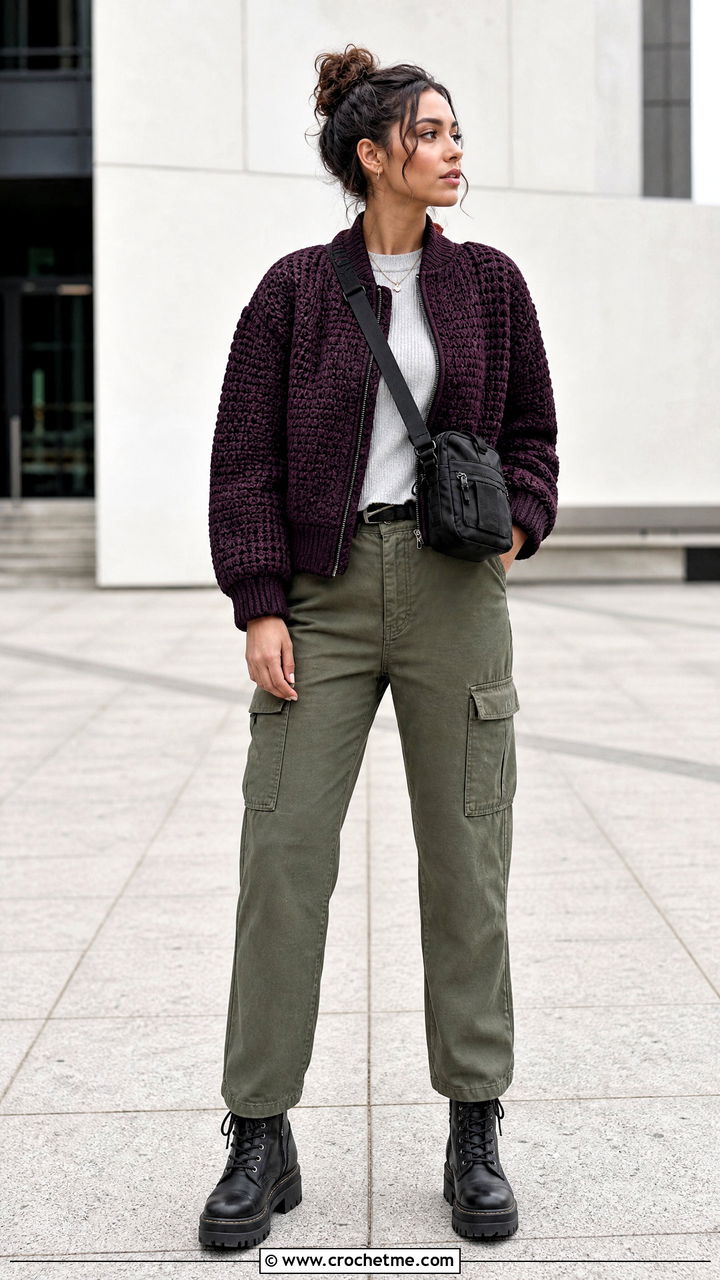 Crochet Bomber Jacket With Cargo Pants - 35 crochet winter clothes and outfit ideas