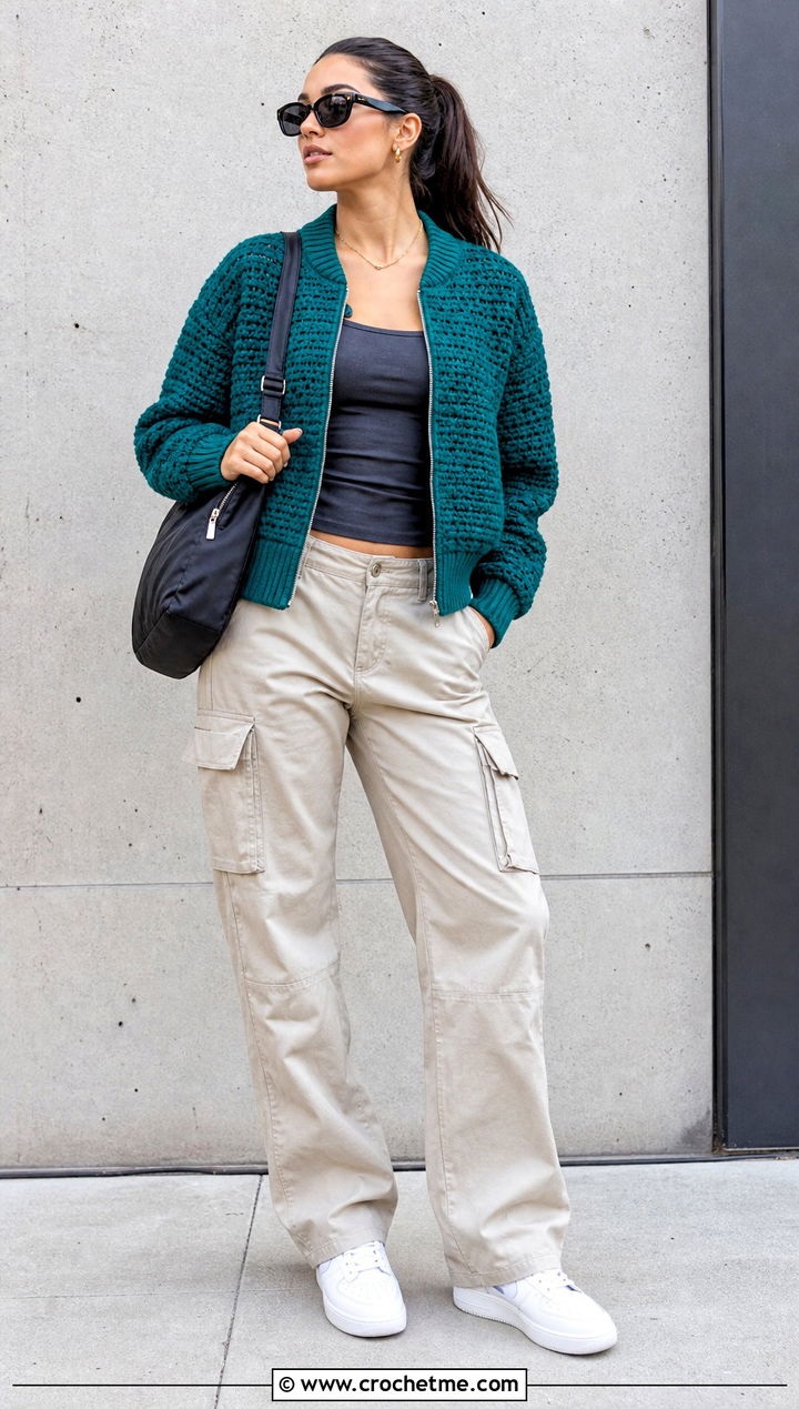 Crochet Bomber Jacket With Cargo Pants - 35 crocheted jacket outfit ideas