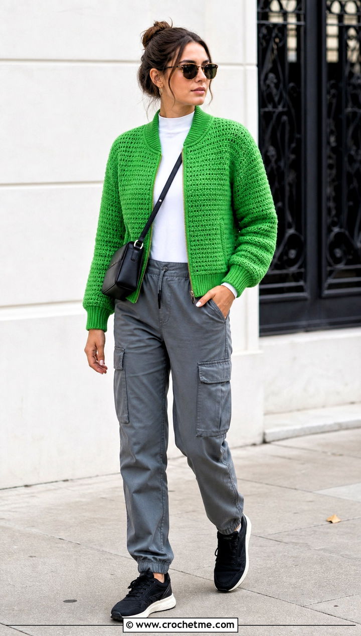 Crochet Bomber Jacket With Cargo Pants - 25 Autumn Crochet Outfit ideas