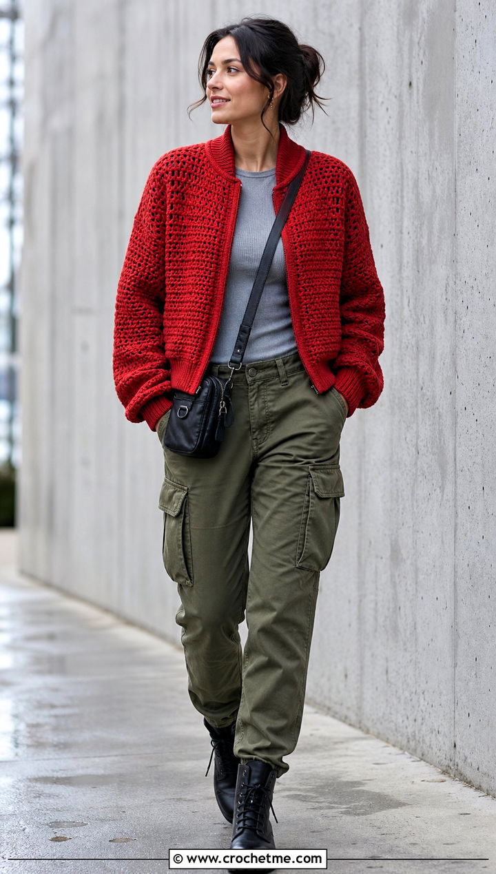 Crochet Bomber Jacket With Cargo Pants - 30 crochet clothes for winter outfit ideas