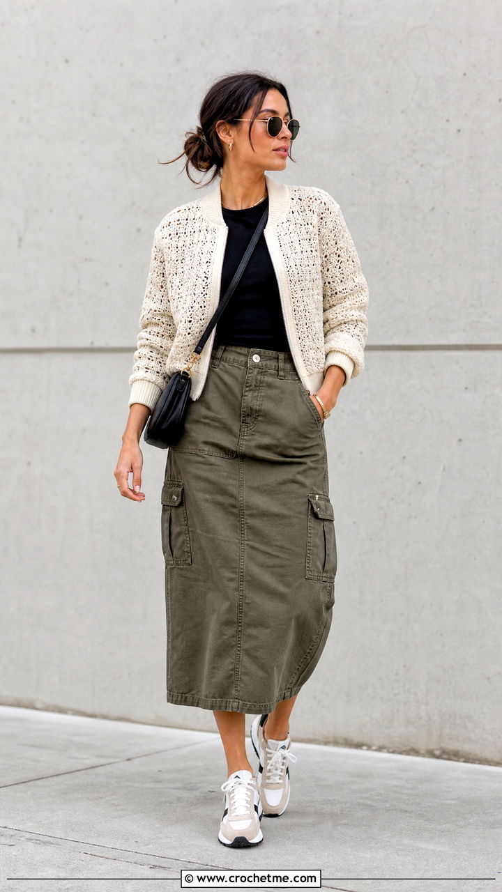 Crochet Bomber Jacket With Cargo Skirt - 35 crochet clothes and outfit ideas