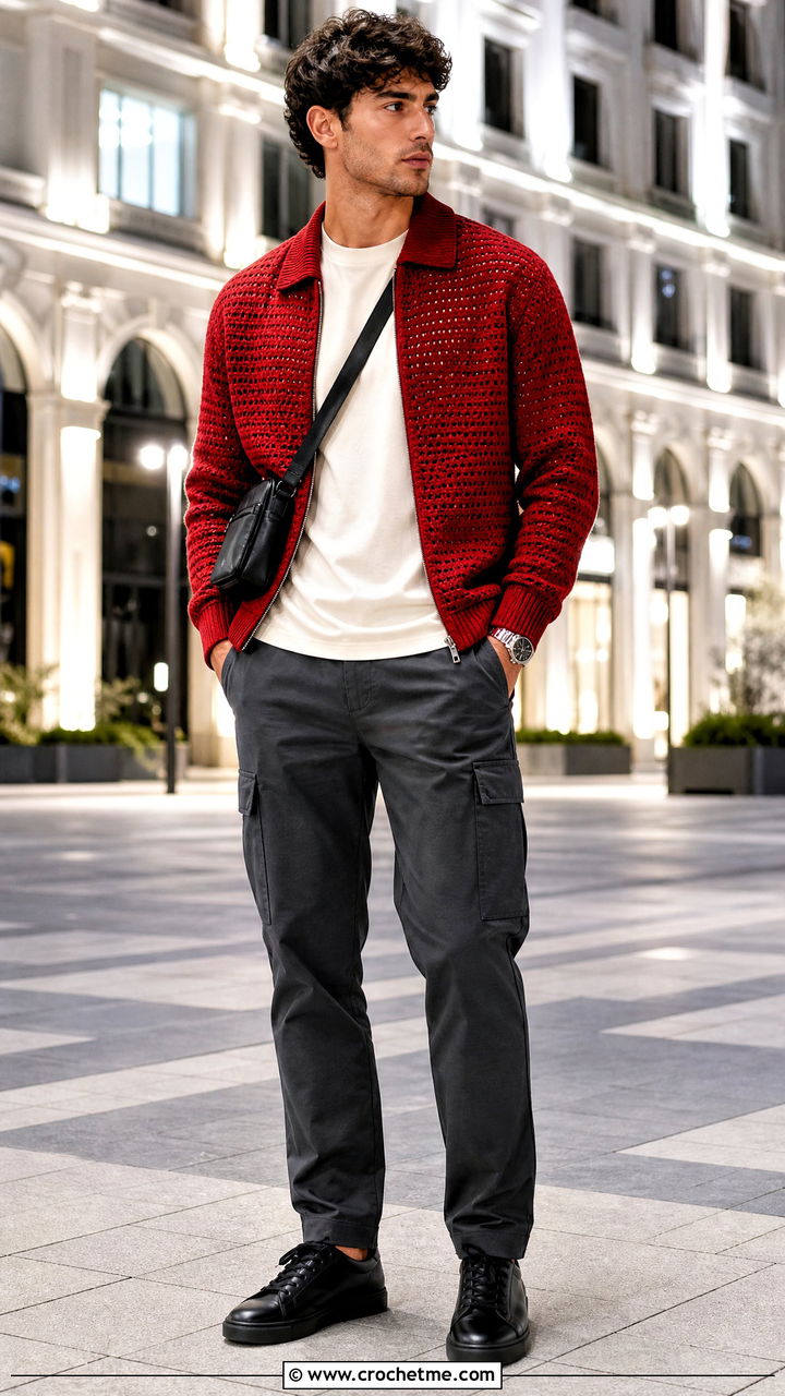 Crochet Bomber Jacket With Cargo Trousers - 35 crochet outfits for men outfit ideas