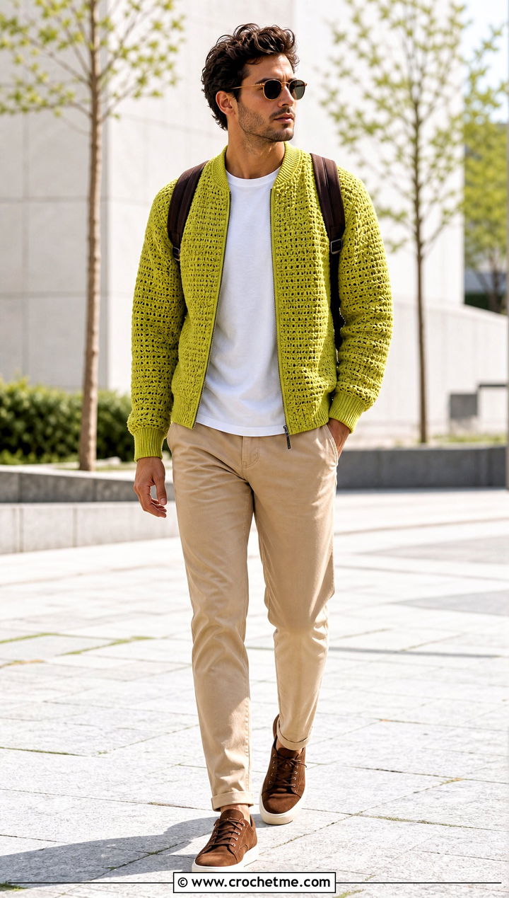 Crochet Bomber Jacket With Chinos - 25 crochet men's clothes and outfit ideas