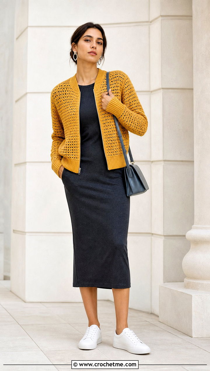 Crochet Bomber Jacket With Column Dress - 30 outfits to crochet outfit ideas