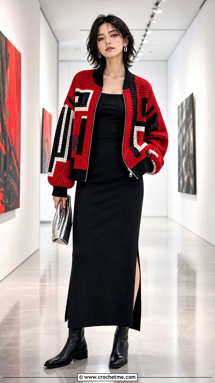 Crochet Bomber Jacket With Column Dress - 35 anime crochet clothes and outfit ideas