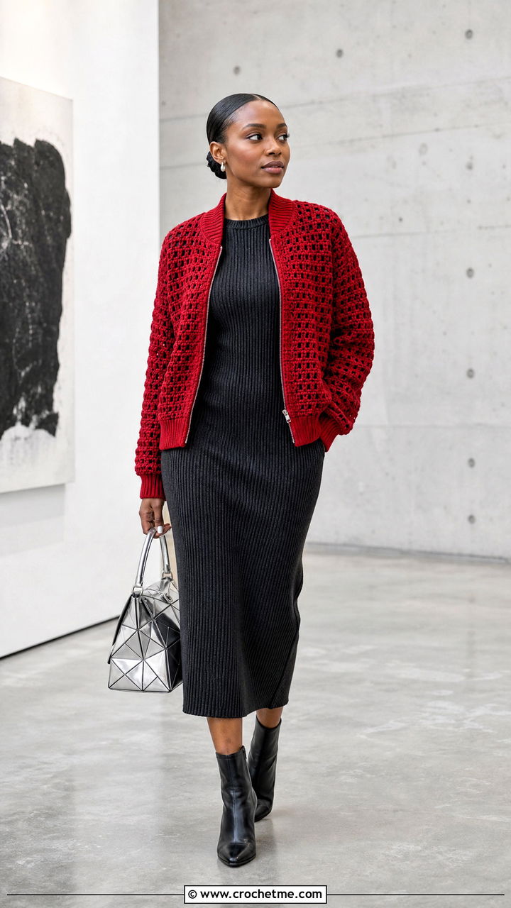 Crochet Bomber Jacket With Column Dress - 35 autumn crochet clothes and outfit ideas